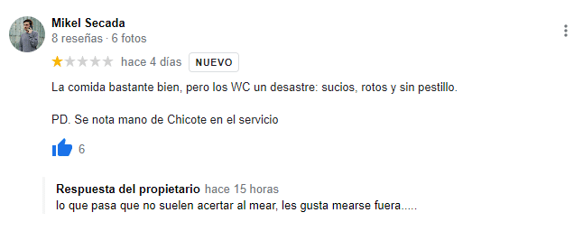 Ejemplo de reseña mal gestionada